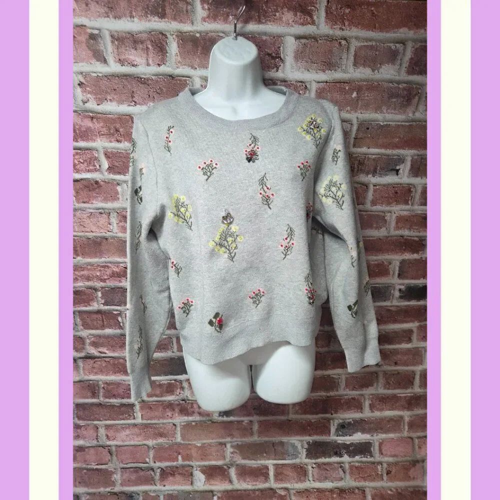Nanette Lepore Sweater XL | Floral Beaded Embroidered Cropped Gray Coquette Chic